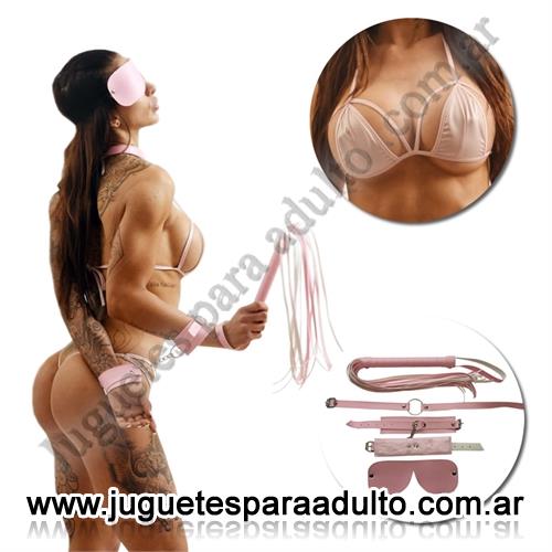 CUEROS ERóTICOS, Inmovilizadores sado, Kit de ecocuero rosa con antifaz, mordaza, esposas, latigo y conjunto de vinilo Cueros eróticos, Inmovilizadores sado, Kit de ecocuero rosa con antifaz, mordaza, esposas, latigo y conjunto de vinilo