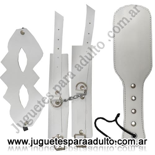 CUEROS ERóTICOS, Inmovilizadores sado, Kit de cuero Esposas + Antifaz + Fusta blanco Cueros eróticos, Inmovilizadores sado, Kit de cuero Esposas + Antifaz + Fusta blanco